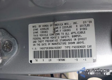 2009 Honda Accord 2.4 Lx from USA, damaged, VIN 1HGCP263X9A192087